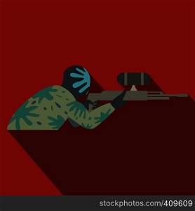 Paintball player with gun flat icon on a red background. Paintball player flat icon