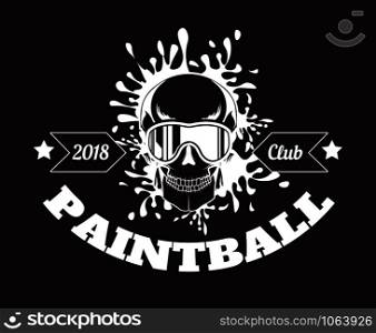 Paintball sport club with best game for real men slogan monochrome logotype. Man in full equipment with tinted mask holds gun with paint and surrounded with blots isolated vector illustration.. Paintball sport club with best game for real men slogan monochrome logotype.