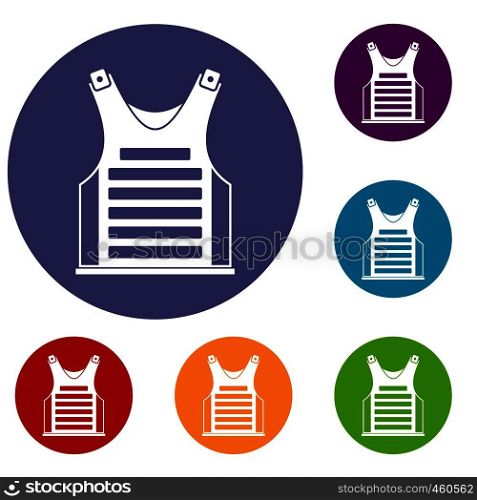 Paintball vest icons set in flat circle reb, blue and green color for web. Paintball vest icons set
