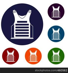 Paintball vest icons set in flat circle reb, blue and green color for web. Paintball vest icons set