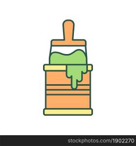 Paintbrush and dye RGB color icon. Equipment for house repairment. Interior improvement. Paint for walls. Water-based latex paint. Isolated vector illustration. Simple filled line drawing. Paintbrush and dye RGB color icon