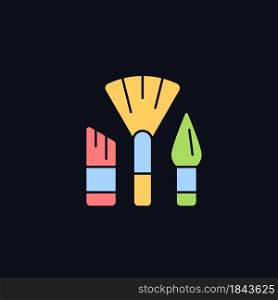 Paintbrushes RGB color icon for dark theme. Brush for paint applying. Drawing tool. Art classroom. Isolated vector illustration on night mode background. Simple filled line drawing on black. Paintbrushes RGB color icon for dark theme