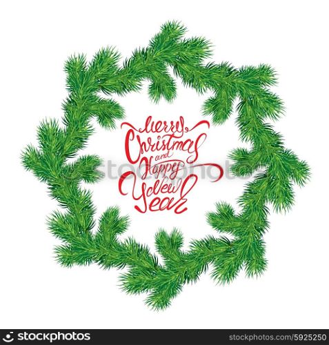 Painted holiday typography, Frame of Christmas fir tree branches in circle shape isolated on white background. Merry Christmas and Happy New Year calligraphy.