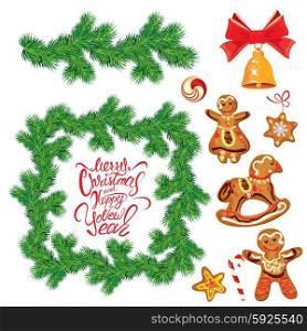 Painted holiday typography, Frame of Christmas fir tree branches in square shape isolated on white background. Merry Christmas and Happy New Year calligraphy. Gingerbread toys set.