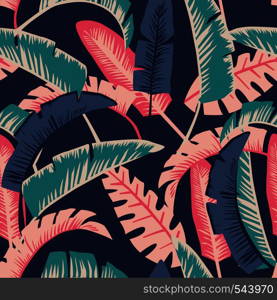 Painted in cartoon style banana leaves. Seamless vector wallpaper pattern on a dark blue background