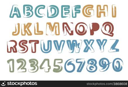 Painted latin letters full alphabet and digits vector illustration.