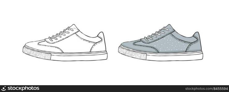 Painted shoes. Sneakers or loafers. Drawing Style Images. Vector illustration