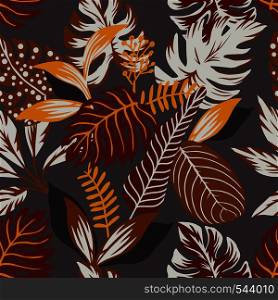 Painted tropical exotic leaves abstract autumn colors in a cartoon style. Seamless vector wallpaper pattern on a grey background