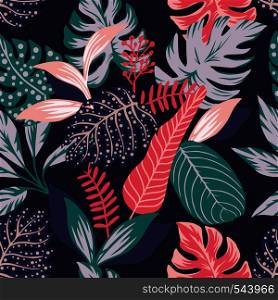 Painted tropical exotic leaves abstract colors in a cartoon style. Seamless vector wallpaper pattern on a dark blue background