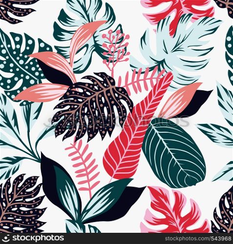 Painted tropical exotic leaves abstract colors in a cartoon style. Seamless vector wallpaper pattern on a white background