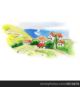 Painted watercolor vineyard landscape