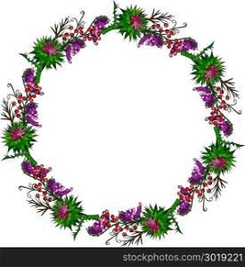 painted wreath of burdock flowers, mouse peas and branches with berries isolated on white background, empty space in the middle