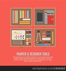 Painter and designer digital and manual tools in drawers flat color concept vector illustration. Painter And Designer Tools Concept