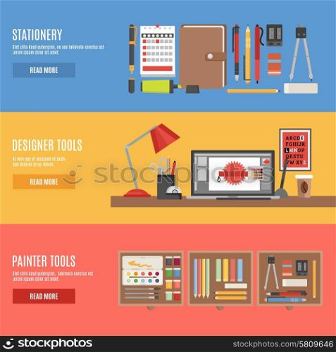 Painter And Designer Tools Banner Set. Painter and designer tools in workspace or boxes and stationery flat color horizontal banner set isolated vector illustration