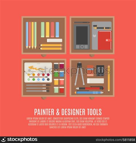 Painter And Designer Tools Concept. Painter and designer digital and manual tools in drawers flat color concept vector illustration