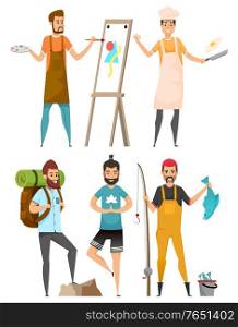Painter and kitchener, hiker and fisherman, meditating man, portrait view of people character cooking, drawing and hiking, fishing and balancing vector. Occupation and Hobby, Men Leisure or Work Vector