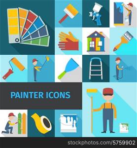 Painter cartoon character man flat shadow pictograms set with pail brush and ladder abstract isolated vector illustration. Painter icons set flat shadow