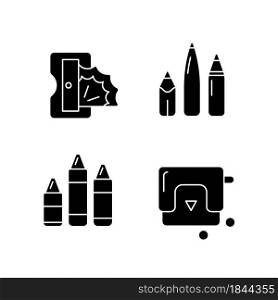 Painter essentials black glyph icons set on white space. Pens and pencils. Prism sharpener. Colored crayons. Paper puncher. Art classroom. Silhouette symbols. Vector isolated illustration. Painter essentials black glyph icons set on white space