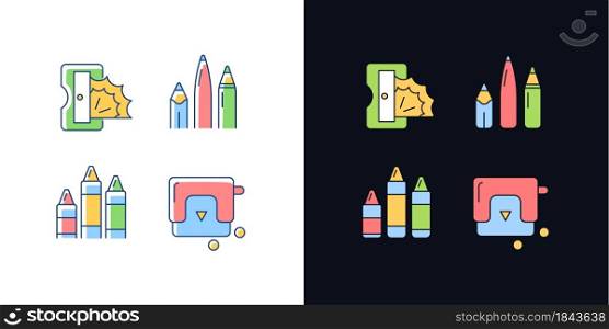 Painter essentials light and dark theme RGB color icons set. Pens and pencils. Prism sharpener. Crayons. Isolated vector illustrations on white and black space. Simple filled line drawings pack. Painter essentials light and dark theme RGB color icons set