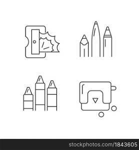 Painter essentials linear icons set. Pens and pencils. Prism sharpener. Colored crayons. Paper puncher. Customizable thin line contour symbols. Isolated vector outline illustrations. Editable stroke. Painter essentials linear icons set