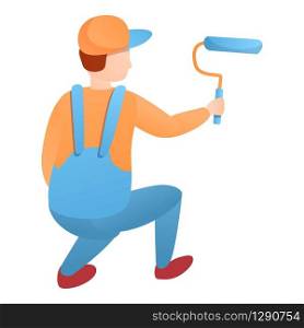 Painter guy working squatting icon. Cartoon of painter guy working squatting vector icon for web design isolated on white background. Painter guy working squatting icon, cartoon style