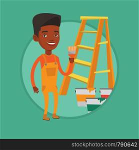 Painter holding a paintbrush. Man with paintbrush in hand standing near step-ladder and paint cans. Concept of house renovation. Vector flat design illustration in the circle isolated on background.. Painter with paint brush vector illustration.