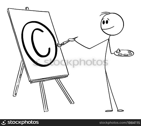 Painter holding brush and painting on canvas copyright protection symbol, vector cartoon stick figure or character illustration.. Painter with Brush Creating Copyright Protection Symbol, Vector Cartoon Stick Figure Illustration