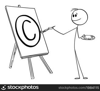 Painter holding brush and painting on canvas copyright protection symbol, vector cartoon stick figure or character illustration.. Painter with Brush Creating Copyright Protection Symbol, Vector Cartoon Stick Figure Illustration