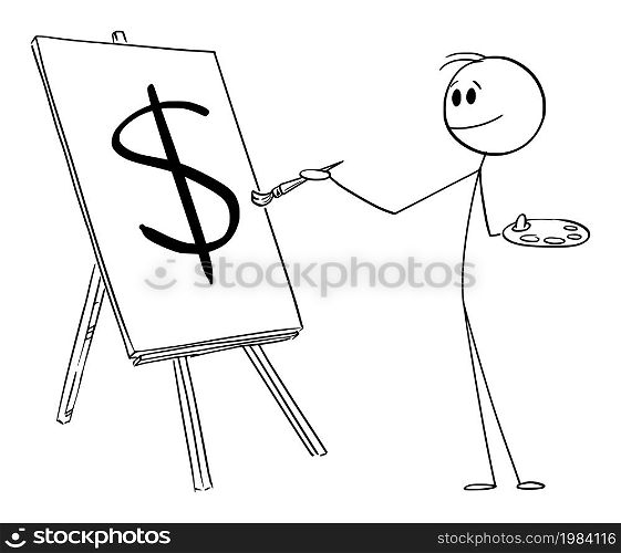 Painter holding brush and painting on canvas dollar symbol, vector cartoon stick figure or character illustration.. Painter with Brush Creating Dollar Symbol, Vector Cartoon Stick Figure Illustration