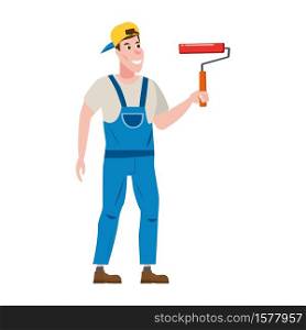 Painter man paints the wall is holding a paint roller in hand, profession, character, uniform, bucket. Painter man paints the wall is holding a paint roller in hand, profession, character, uniform, bucket. Vector illustration of cartoon flat design style, isolated
