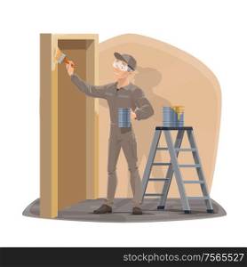 Painter man with paintbrush painting home wall and door. Vector house interior design and renovation service, handyman in uniform and protective glasses with paint bucket on ladder decorating room. Painter man profession home interior wall painting