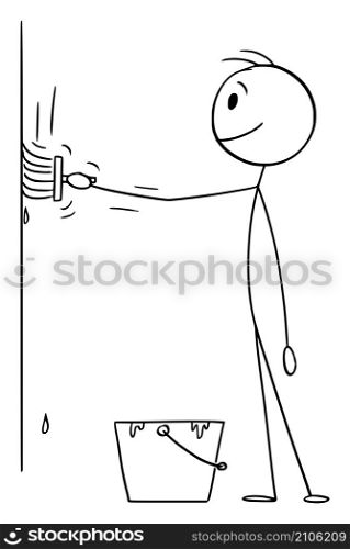 Painter or person painting wall with paint brush, vector cartoon stick figure or character illustration.. Person or Pinter Painting Wall with Brush , Vector Cartoon Stick Figure Illustration