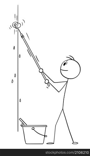 Painter or person painting wall with paint roller, vector cartoon stick figure or character illustration.. Person or Pinter Painting Wall with Roller , Vector Cartoon Stick Figure Illustration