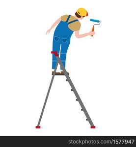 Painter proffessional character man at work. Male painter in uniform applying paint to wall. Painter proffessional character man at work. Male painter in uniform applying paint to wall with paint roller, on the stepladder, paint bucket. Vector, isolated, cartoon style