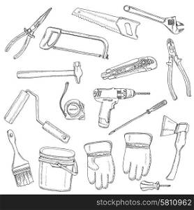 Painter renovator tools black outlined icons set of screw-wrench paint-roller and electric drill abstract vector isolated illustration. House renovation tools set black outline