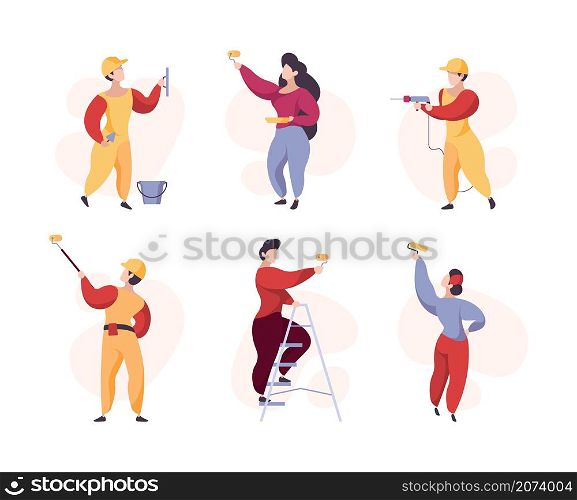 Painters. Crowd professional workers wall painting garish vector stylized people. Illustration worker painter wall, professional job. Painters. Crowd professional workers wall painting garish vector stylized people