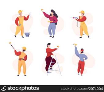 Painters. Crowd professional workers wall painting garish vector stylized people. Illustration worker painter wall, professional job. Painters. Crowd professional workers wall painting garish vector stylized people