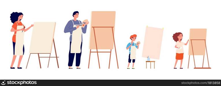 Painters. Family painting, children and adults drawing on easel and paper. Different ages hobby, professional designer vector illustration. Craft painter with palette, creativity painting by family. Painters. Family painting, children and adults drawing on easel and paper. Different ages hobby, professional designer vector illustration