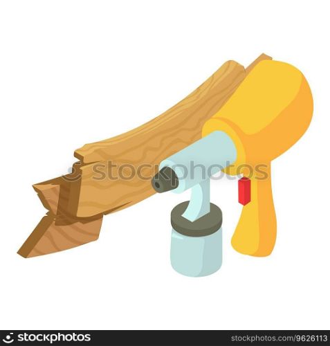 Painting equipment icon isometric vector. New yellow spray gun and wooden sign. Industrial painting, repair work. Painting equipment icon isometric vector. New yellow spray gun and wooden sign