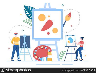 Painting Flat Illustration with Someone who Paints using Easel, Canvas, Brushes and Watercolor for Poster or Workshops Designs