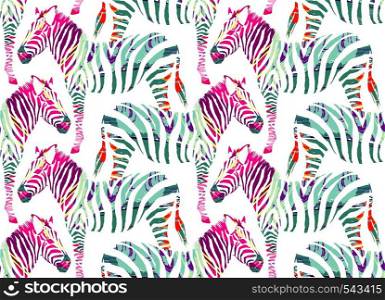 Painting hand drawn animal multicolor zebra on a white background. Fashion art jungle safari print vector seamless pattern