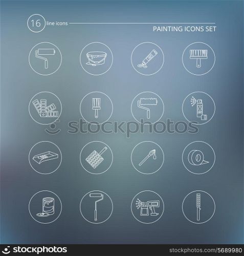 Painting home work tools icons outline set with color can roller spray isolated vector illustration