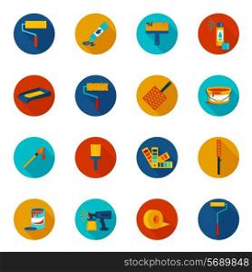Painting house work painter tools icons colored set with spray tray bucket isolated vector illustration