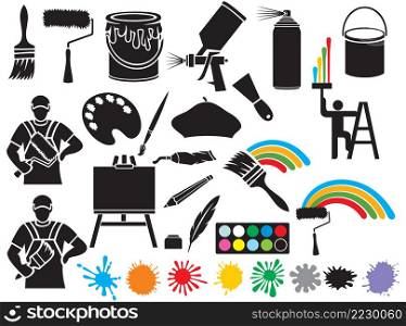 Painting icons collection (brush, roller, beret, bucket, canvas on an easel, stains spray tin, art palette)