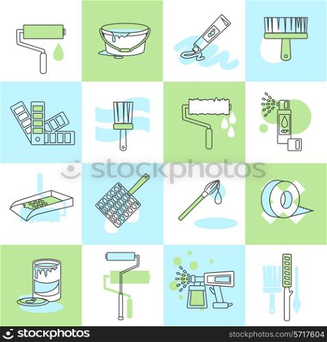Painting icons flat line set with brush roller spray adhesive tape isolated vector illustration