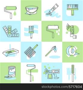 Painting icons flat line set with brush roller spray adhesive tape isolated vector illustration