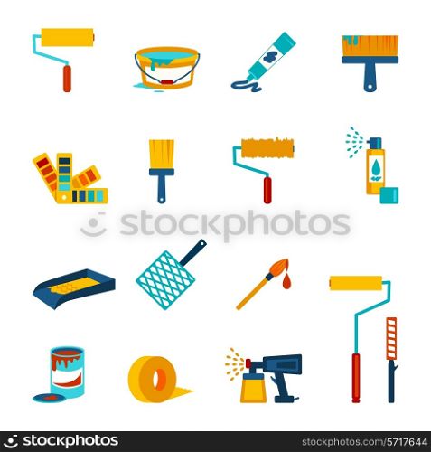 Painting icons flat set with roller bucket brush swatch isolated vector illustration