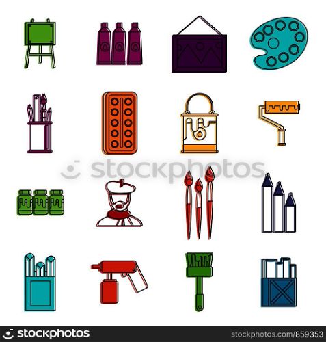 Painting icons set. Doodle illustration of vector icons isolated on white background for any web design. Painting icons doodle set