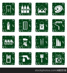 Painting icons set in grunge style green isolated vector illustration. Painting icons set grunge