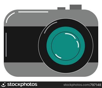 Painting of a grey camera used in olden days furnished with control buttons and the zoom ring in green color and focus ring in black color vector color drawing or illustration